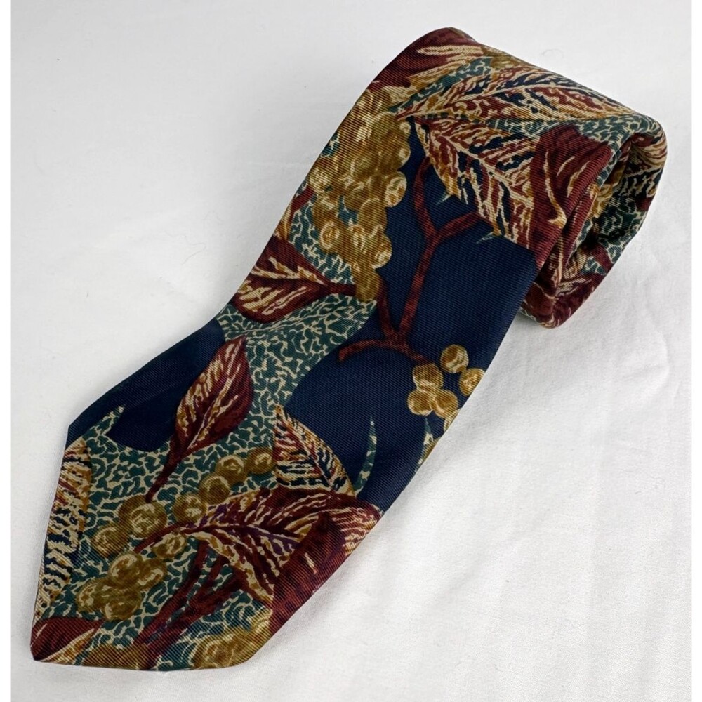 Surrey Silk Tie Men's Navy Burgundy Botanical Floral Made USA Vintage 60"